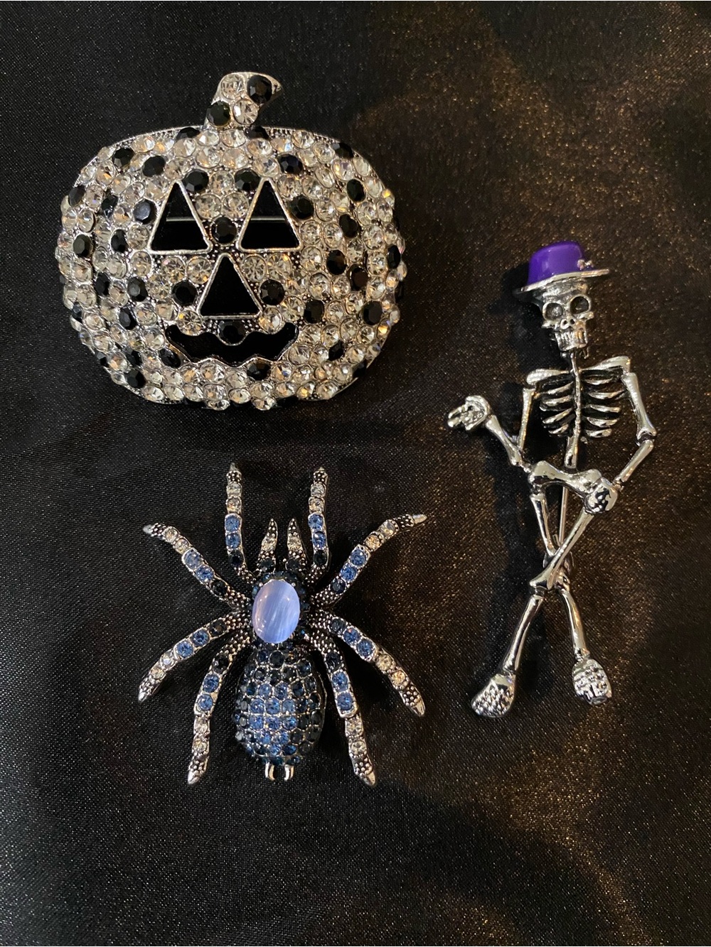 Halloween Brooch Set of 3 - Silver, Black, Blue & Purple